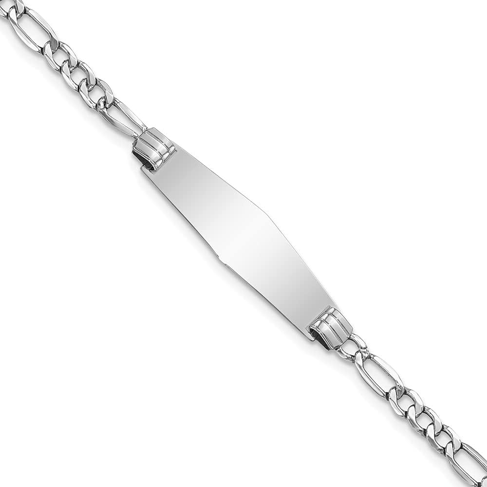 Engravable Personalized Custom 14K White Gold Semi-solid Soft Diamond Shape Figaro Link ID Bracelet For Men or Women Length 8 inches Width 7.8 mm