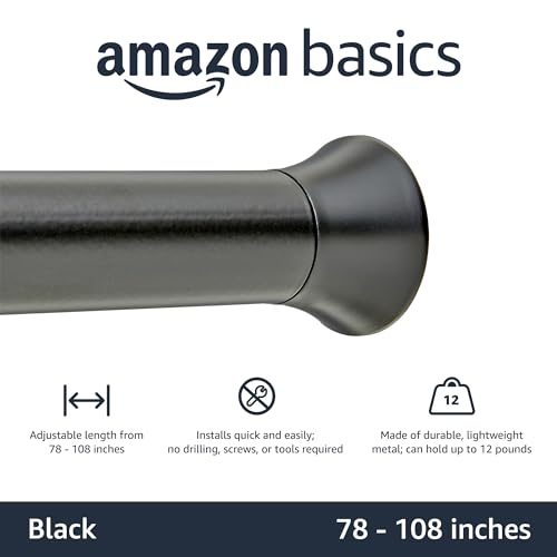 Image of Amazon Basics No Drilling Spring Tension Curtain Rod, Adjustable 78-108 inch Width, Classic Finial, Black