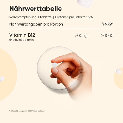 Vitamin B12-500mcg pro Tablette - 365 vegane Tabletten - 1 Jahr Vorrat - Reines Methylcobalamin - Vitamin B 12 trägt zur normalen Funktion des Nervensystems bei (EFSA) - Glutenfrei - WeightWorld