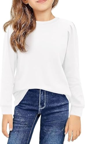 Haloumoning Mädchen Langarm T-Shirt Baumwolle Rundhals Top Leichtgewicht Sport Langarmshirt Basic Casual Sweatshirt Weiß 130