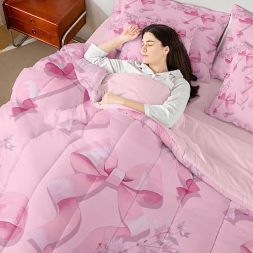 Image of Pink Bow 7 Piece Comforter Set Full Bed in a Bag | Cute Bowknot Bedding Sets Dreamy Princess Style Ribbon Bow Tie Comforter and Sheet Set, Girly Floral Bed Sets,Kawaii Room Decor Aesthetic