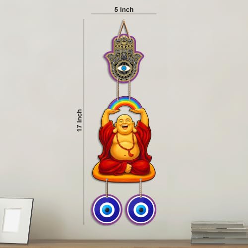 Image of Artvibes Rainbow Laughing Buddha Evil Eye Wall Hanging Decor For Living Room | Bedroom | Office | Joy Happiness and Positive Energy Wall Accent | Nazar Battu Ornament for Home Entrance (WH 85145N)