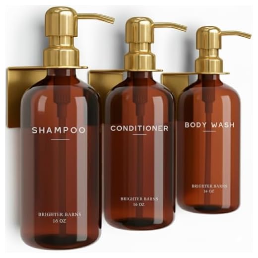 Luxury Shampoo and Conditioner Dispenser Set Wall Mounted by Brighter Barns - Plastic Shower Dispenser Set - 3 Chamber Drill Free Shampoo Bottle - Modern Bathroom Decor for Guest Bathroom (Amber Gold)