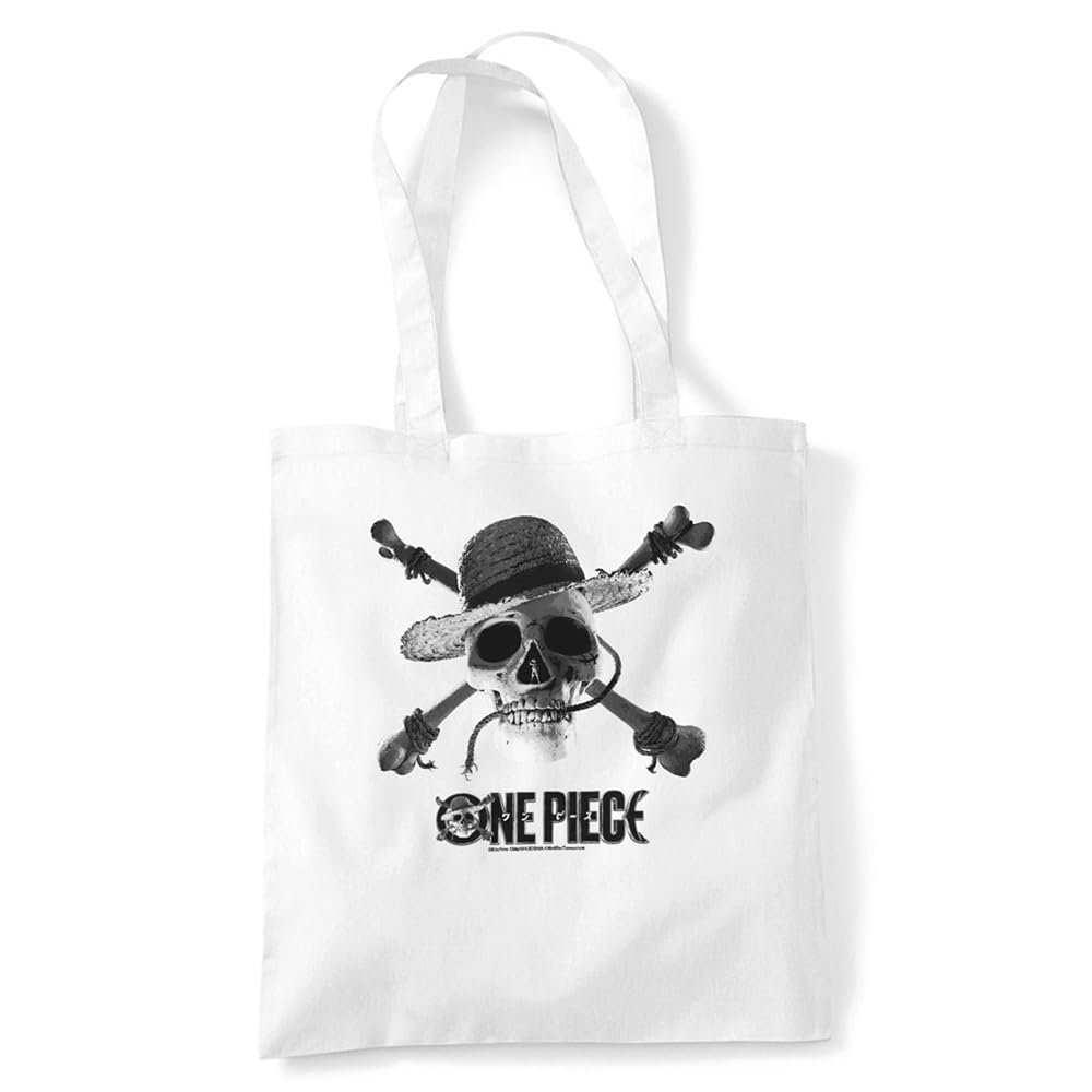 One Piece Mono Skull Logo Grocery Travel Reusable Tote Bag, White