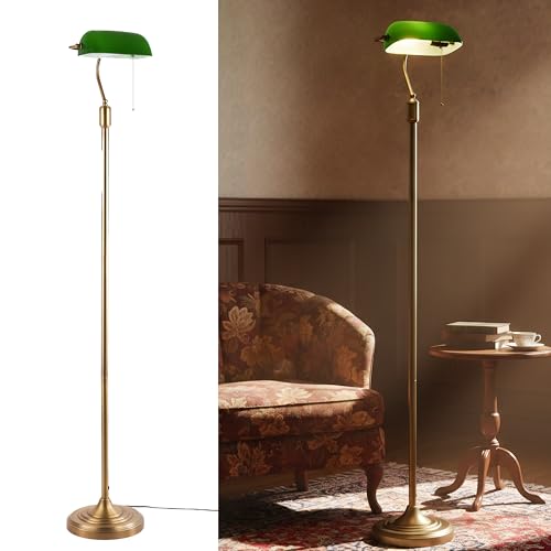 Lampada da terra vintage Banker con paralume verde regolabile e base in ottone anticato, attacco E27. Stile retrò. Lampada da terra da lettura per ufficio, studio, soggiorno o camera da letto.