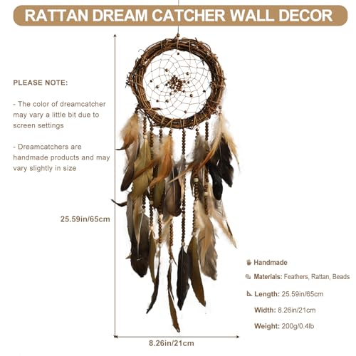 Dream Catcher Native American Boho Dreamcatcher Rattan Wall Decor, Handmade Natural Goose Feathers Brown Golden Beaded Hanging Ornament Indian Decor for Bedroom Living Room (Dark Brown) - Image 5