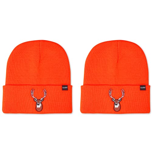 Klarny Outdoors Blaze Orange Hunting Hat 2 Pack - Pull-On Hunting Beanie | Hi-Visibility Stretchy Knit Beanie, Deer & Bow Hunting Gear, Adjustable Sizes for Men, Women, Kids