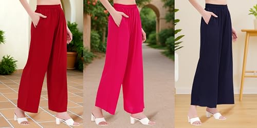 Image of Buy That Trendz Palazzo Pants for Women Rayon Elasticated Regular Fit Flared Wide Leg M to 6XL Pack of 3