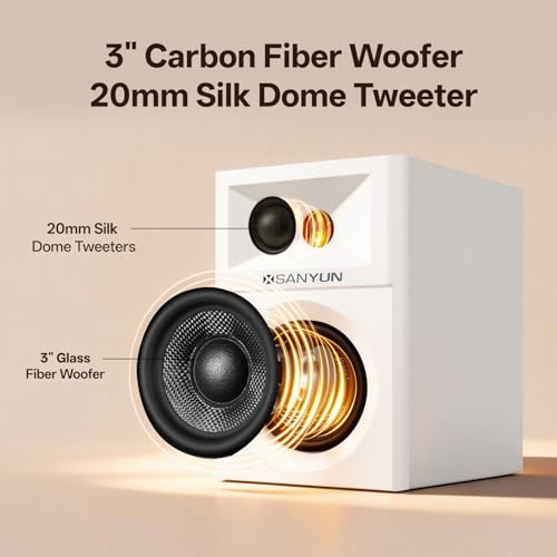 Sanyun SW203 4.0 Computer Speakers - 60W 4-Way DSP Control 3D Immersive Sound - 3" Carbon Fiber Woofer & 20mm Silk Dome Tweeter - 24bit DAC USB/Bluetooth 5.4/AUX - Studio-Grade Audio (Pair, White) - Image 4