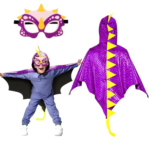 Landifor 2 Stück Dinosaurier Kostüm Kinder Dinokostüm Drachenflügel Umhang mit Maske Dino Kinderkostüm Dinosaurierkostüm für Mädchen Jungen Halloween Fasching Karneval Cosplay Maskerade