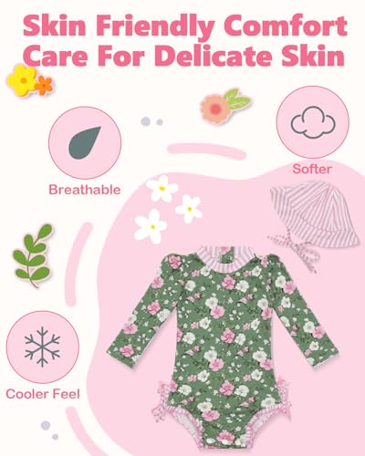 Image of ALVA Girls' One Piece Swimsuit with Hat, Baby Rash Guard Sets,Long Sleeve Zipper UPF 50+ Sun Protection Bathing Suit
