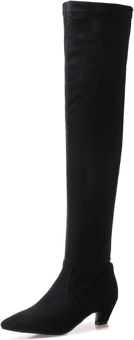 Trendenzy Womens Pointed Toe Kitten Heel Thigh High Boots Faux Suede Stretch Over The Knee Boots