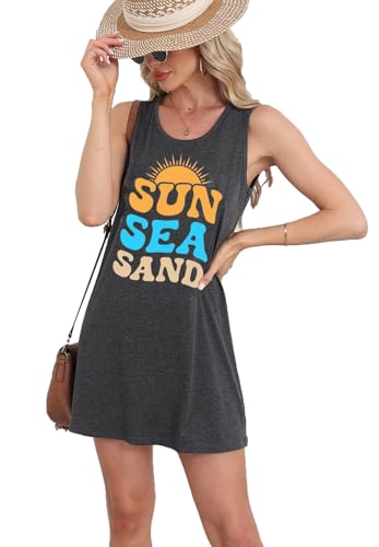 Image of Summer Tank Dress for Women Sunset Palm Tree Beach Vacation Cover Up