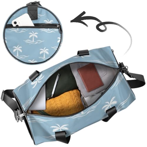 Coconut Tree Sky Blue Round Barrel Sports Fitness Bag, Travel Luggage Bag, Reusable Handbag, Suitable For Men and Women4
