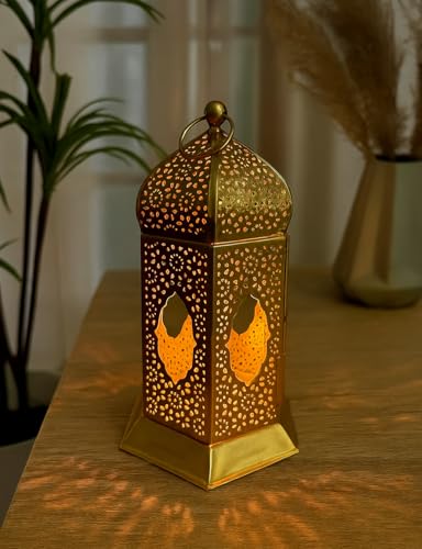 Image of The Purple Tree Brass Moroccan Lantern Lamp Tealight Candle Holder for Diwali Decor (Gold), Diwali tealight Candle Holder, Gift for deepawali