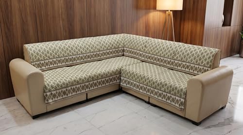 Image of Luxury Sofa Cover L Shape 5 Seater with Matching Cushion Cover 16x16 inch - Beige Diamond Jacquard 3+2 Seater (5 Seater) Quilted Sofa Cover Set Pack of 10, Washable, Beige Gold