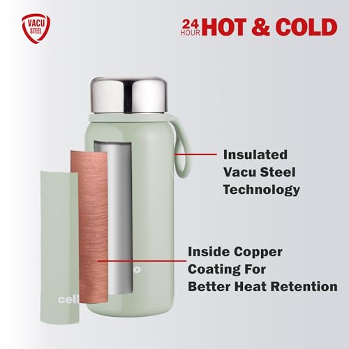 Image of Cello Glitz Thermosteel Flask, 300ml, Pista | 24 Hours Hot and Cold Stainless Steel Bottle | Flask for Tea Coffee | Ideal for Office, Gym, Home, Kitchen, Hiking, Travel Bottle