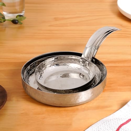 Image of Nestasia Stainless Steel Serving Dishes Set of 3 (350ml, 500ml, 800ml) - Hammered Flat-Base Round Steel Serving Pan with Handle | Rust, Stain & Scratch Resistant Serveware with Glossy Finish