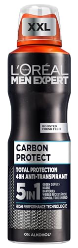 L'Oréal Men Expert XXL 5in1 Deospray für Männer, Bodyspray gegen starken Schweißgeruch, Schwitzen, Achselnässe und weiße Rückstände, Herren Deo Antitranspirant ohne Alkohol, Carbon Protect, 1 x 250 ml