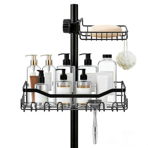 VirtuGro 2 piezas Estante Ducha sin Taladro + Jabonera Ducha Ajustable Shower Shelf Acero Inoxidable Estanteria Baño sin Taladro Bathroom Organizer para Barras Baño y Grifos de 16-25 mm (Negro)