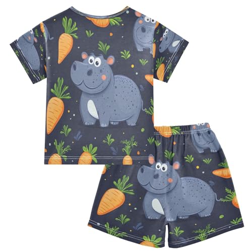 Pajama Sets Short Sleeve Cute Hippo with Carrots Soft Cotton Summer Sleepwear 2 Piece PJS Size 5-14T2