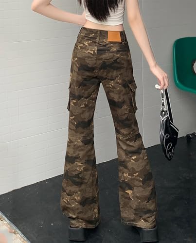 Camo Flare Jeans for Women Mid Rise Camouflage Bell Bottom Cargo Jeans Y2k Flap Pocket Wide Leg Denim Pants4