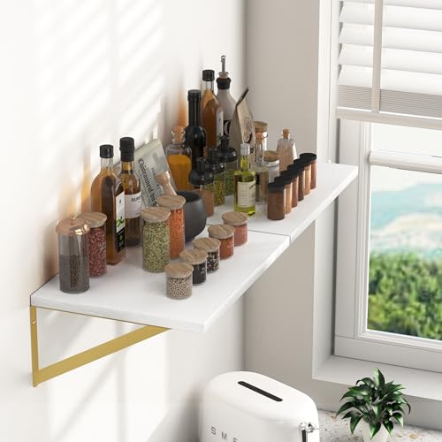 Heimlove Deep Floating Shelves for Wall, 16W x 12D Wood Wall Shelves Set of 2, Wide Floating Bookshelf for Living Room, Kitchen, Office, Bedroom and Decor Storage, with Golden Bracket - White & Gold by Heimlove - Image 4