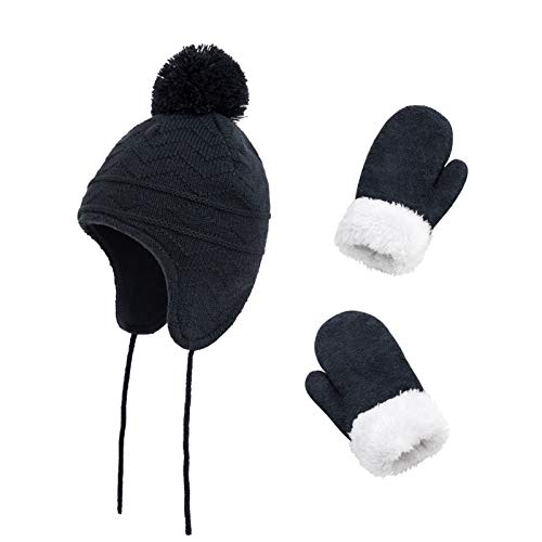 Image of Kids Winter Beanie Hat Mittens Set Warm Fleece Hat Baby Toddler Knitted Hat & Gloves for Boys, Girls