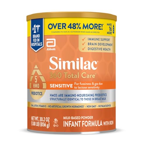 Similac 360 Total Care Sensitive Infant Formula for Fussiness & Gas Due to Lactose Sensitivity, Has 5 HMO Prebiotics, Non-GMO, Baby Formula Powder, 30.2-oz Value Can