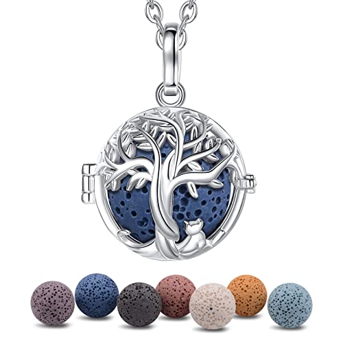 CELESTIA Mujer Celta Árbol de la Vida Collar de Aceite Esencial Aromaterapia Difusor Joyería, Plata Árbol Colgante con 7 Perlas de Lave, Alivio del Estrés, Cobre, Sin gemas