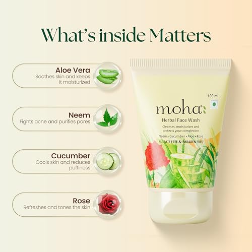 Moha Herbal Face Wash with Neem & Aloe Vera | Herbal Cleanser for Acne and Dark Spots | With Cucumber & Rose Extracts for Glowing Skin | Anti-Pimple & Anti-Acne Face Wash for Women & Men - 100ml - Image 4