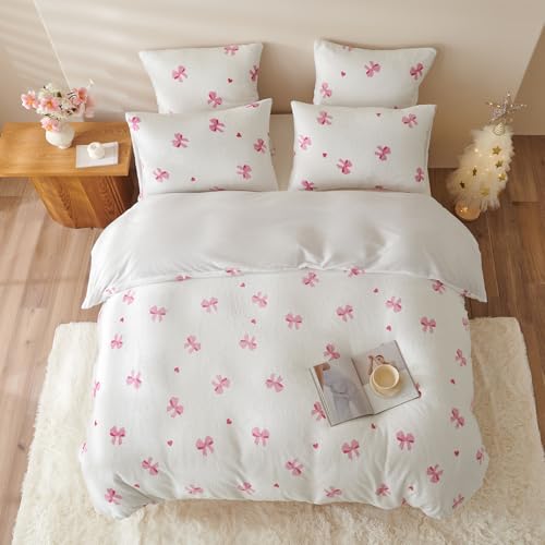 Flanell Bettwäsche 155x220 Rosa Schleifen Kawaii Winter Warm Biber Plüsch – Ansicht 5