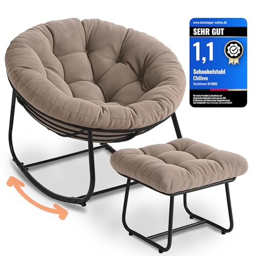 Chillevo - Chillevo Chillzeit Schaukelstuhl mit Fußablage [Testsieger] Wetterfest Schaukelsessel Ergonomisch Rocking Chair für Wohnzimmer Garten Balkon & Terrasse XXL Outdoor belastbar bis 180kg (Cremebraun) - -7%