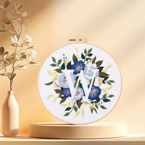 Image of IUHUI Embroidery Kit for Beginners Adults - 26 Floral Letters Easy Patterns, DIY Hand Stitching Embroidery Set with Hoop (Flower and Grass Letter W)