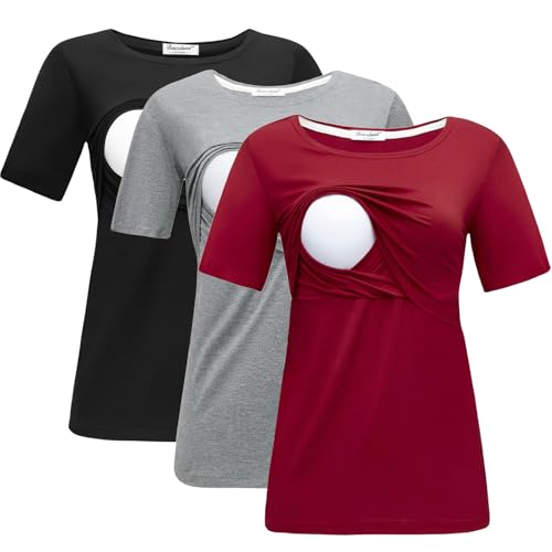 Image of Bearsland Women's 3 Packs Maternity Nursing Tops Short Sleeve Breastfeeding Shirts