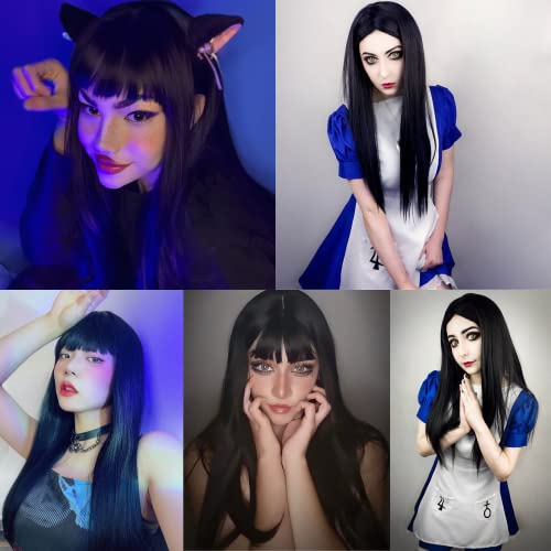 ANOGOL Hair Cap+32Inch/80cm Long Straight Black Wig Cosplay Synthetic Wig Long Black Wig with Bangs Peluca Negra Cosplay Wig for Halloween Anime Hair for Women Costume Party