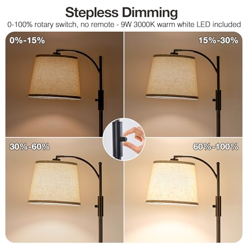 Image of AIDENOEY Fully Dimmable Floor Lamp for Living Room,Standing Lamp Rotary Switch with Table&Linen Beige Shade,Brown Tall Lamps for Bedroom with Adjust Head,9W LED Bulb Included
