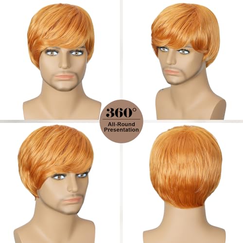 Image of QUEENTAS Men's 8 Inch Light Orange Natural Straight Wig, Heat Resistant Synthetic Glueless Wig for Halloween Cosplay Unisex Daily Wear