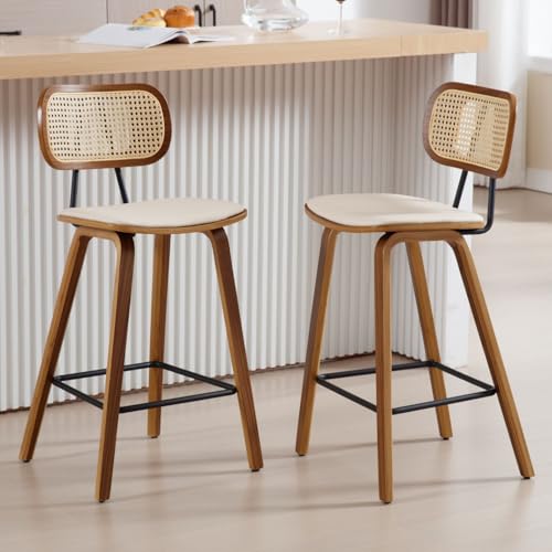 Ya-Home Chaise de Bar en Bois et Rotin Tabouret Bar Moderne Lot de 2 Chaise Bar Vintage Coussin Cuir PU, Tabouret de Cuisine Confortable, Beige