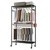 Heavy Duty Rolling Garment Rack 3 Tiers Adjustable Wire Shelving Clothes Rack with Double Rods and Side Hooks Freestanding Wardrobe Storage Metal Clothing Rack 45W X 177D X 807H Black