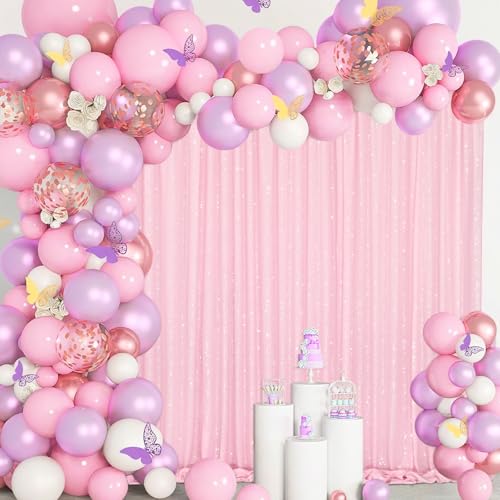 Image of Party Backdrop Curtains 2 Panels 4ftx8ft Pink Sequin Photo Backdrop Glitter Fabric for Wedding Birthday Party Background Drapes Christmas Decorations