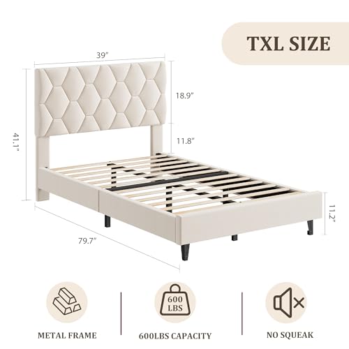 GAOMON Beige Twin Upholstered Bed Frame, Heavy-Duty Platform Bed Frame with Upholstered Headboard & Strong Wood Slats, No Box Spring Needed/Noise Free/Easy Assembly