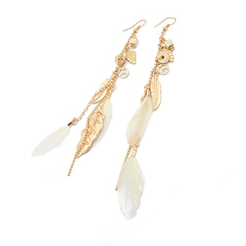 IHRKleid Damen Ohrring Hängende Tropfen Ohrringe haken Lang Quasten Legierung Ohrring Blätter Feder (Weiß)