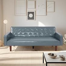 Faux Leather Futon Sofa Bed, Mid Century Modern Couch with Adjustable Backrests, Small Sofa Cama, Sleeper Sofa, Couches for Living Room, Bedroom 74", Gray