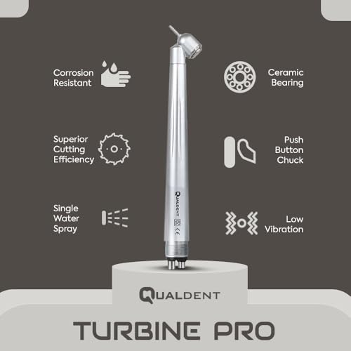 Image of Qualdent Turbine Pro 45 Degree Non-LED High Speed Air Rotor Handpiece | Push Button Chuck | Ceramic Bearing | Single Water Spray | Borden 2 Hole | Ergonomic Stainless Steel Body | Low Vibration