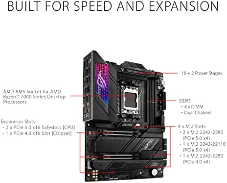 ASUS ROG Strix X670E-A Gaming WiFi AMD Ryzen AM5 ATX motherboard, 16 + 2 power stages, PCIe® 5.0, DDR5 support, four M.2 slots with heatsinks, USB 3.2 Gen 2x2, WiFi 6E, AI Cooling II, and Aura Sync