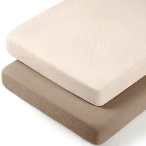 Image of lulumoon Muslin Baby Bassinet Sheets: Cotton Fitted for Bedside Sleeper | Soft & Breathable Leaf Printed Sheets for Boys - 33x21 inch Fit for Baby Delight and Most Other Bedside Bassinet