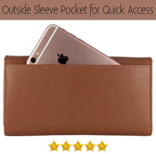 Image of Women's Top Grain Leather Wallet, RFID Blocking Bifold clutch, 17 Card Slots, Zip Pocket Organizer, Elegant Gift for Women - Birthday, Valentine, Anniversary - COGNAC