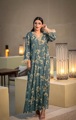 Elegant 1PC Abayas Dress for Women, Long Sleeve Floral V-Neck Feather Cuffs Muslim Dresses for Women Ideal for Casual wear3