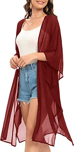 Image of Indian Trendy Women's Solid Puff Sleeve Kimono Long Cardigan Loose Cover Up Casual Blouse Top Chiffon